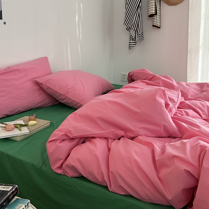 91家纺网 家纺一手货源 找家纺 艾沁 新款32支全棉水洗棉混搭四件套 蔷薇粉+绿