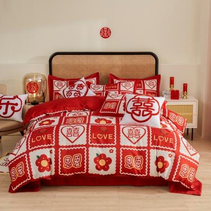 91家纺网 家纺一手货源 找家纺 啊雅家居 2025新款大红婚庆数码印花床单款床笠款四件套 恩爱