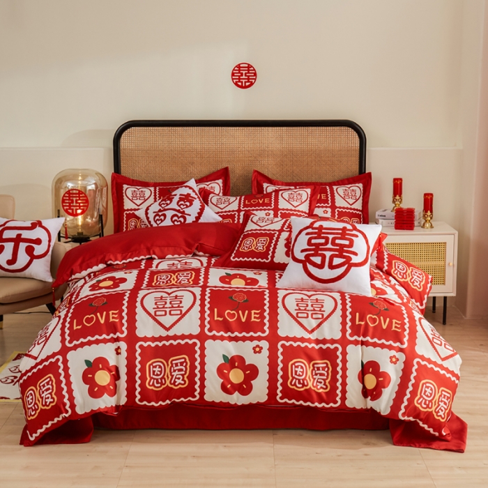 91家纺网 家纺一手货源 找家纺 （总）啊雅家居 2025新款大红婚庆数码印花床单款床笠款四件套