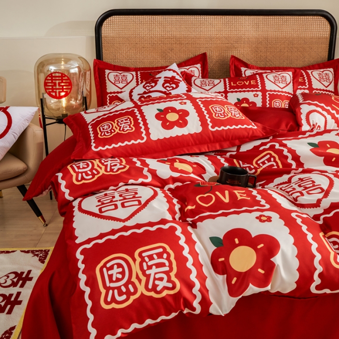 91家纺网 家纺一手货源 找家纺 （总）啊雅家居 2025新款大红婚庆数码印花床单款床笠款四件套