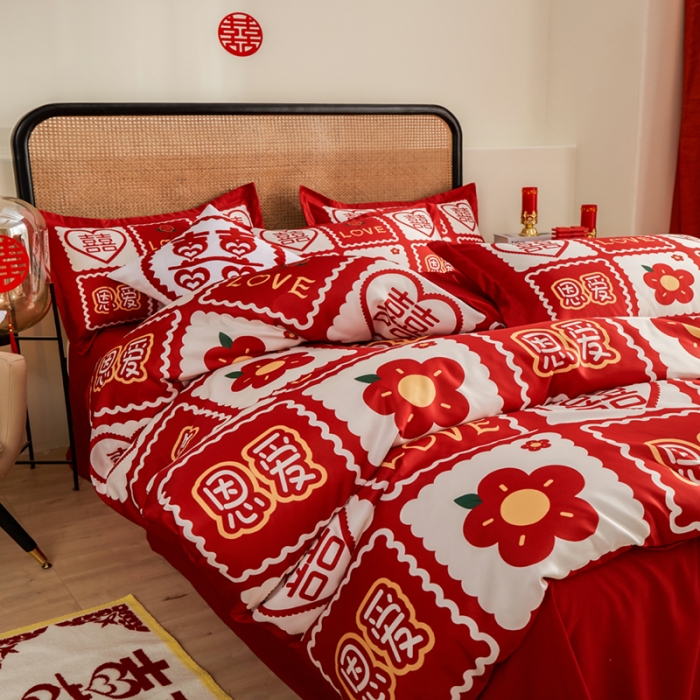 91家纺网 家纺一手货源 找家纺 啊雅家居 2025新款大红婚庆数码印花床单款床笠款四件套 恩爱