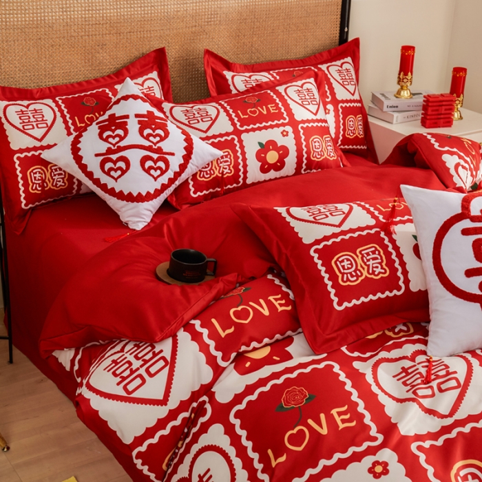 91家纺网 家纺一手货源 找家纺 啊雅家居 2025新款大红婚庆数码印花床单款床笠款四件套 恩爱