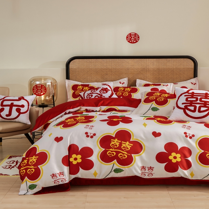 91家纺网 家纺一手货源 找家纺 啊雅家居 2025新款大红婚庆数码印花床单款床笠款四件套 花囍