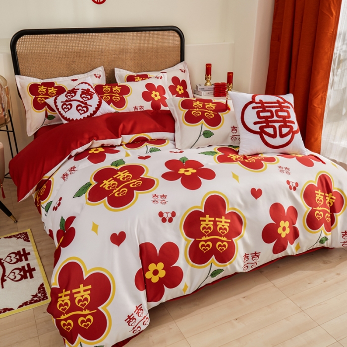91家纺网 家纺一手货源 找家纺 啊雅家居 2025新款大红婚庆数码印花床单款床笠款四件套 花囍