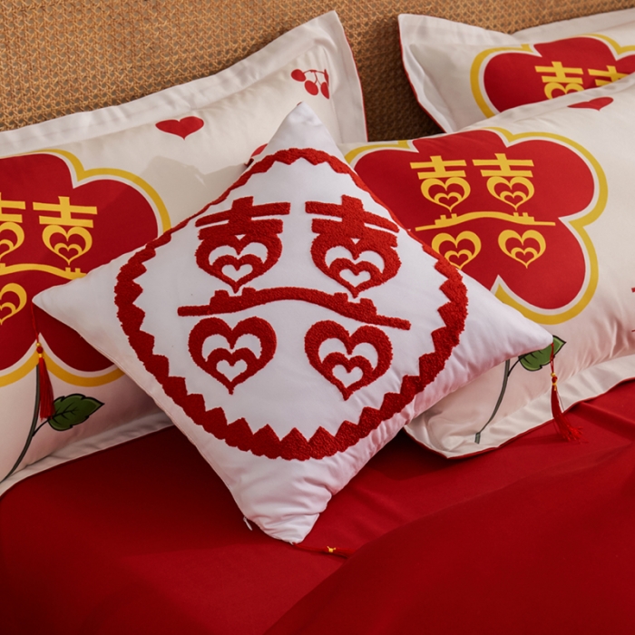 91家纺网 家纺一手货源 找家纺 啊雅家居 2025新款大红婚庆数码印花床单款床笠款四件套 花囍
