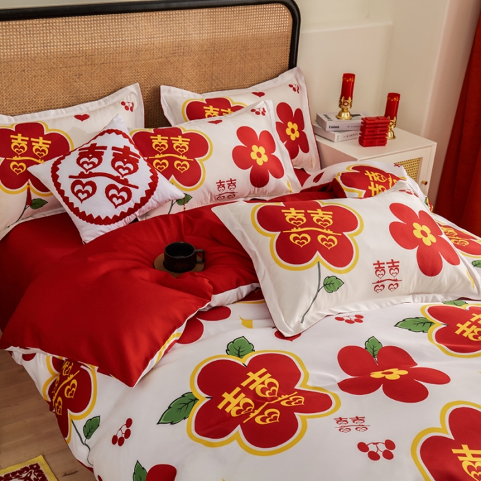 91家纺网 家纺一手货源 找家纺 啊雅家居 2025新款大红婚庆数码印花床单款床笠款四件套 花囍