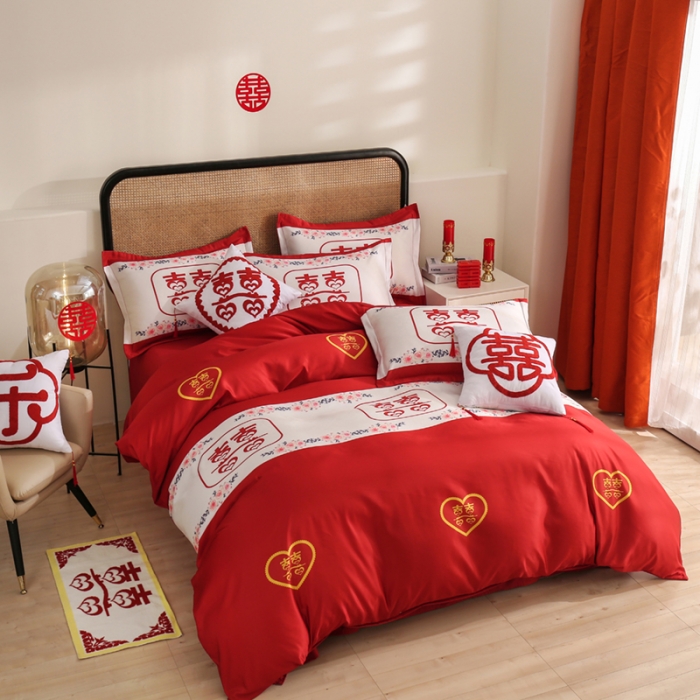 91家纺网 家纺一手货源 找家纺 啊雅家居 2025新款大红婚庆数码印花床单款床笠款四件套 双囍