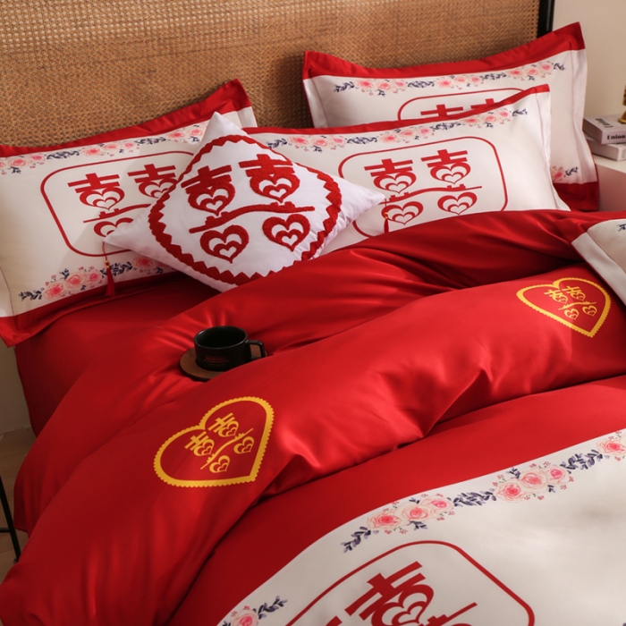 91家纺网 家纺一手货源 找家纺 啊雅家居 2025新款大红婚庆数码印花床单款床笠款四件套 双囍