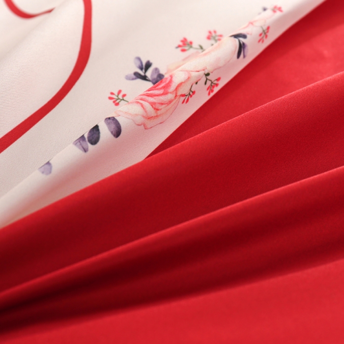 91家纺网 家纺一手货源 找家纺 啊雅家居 2025新款大红婚庆数码印花床单款床笠款四件套 双囍