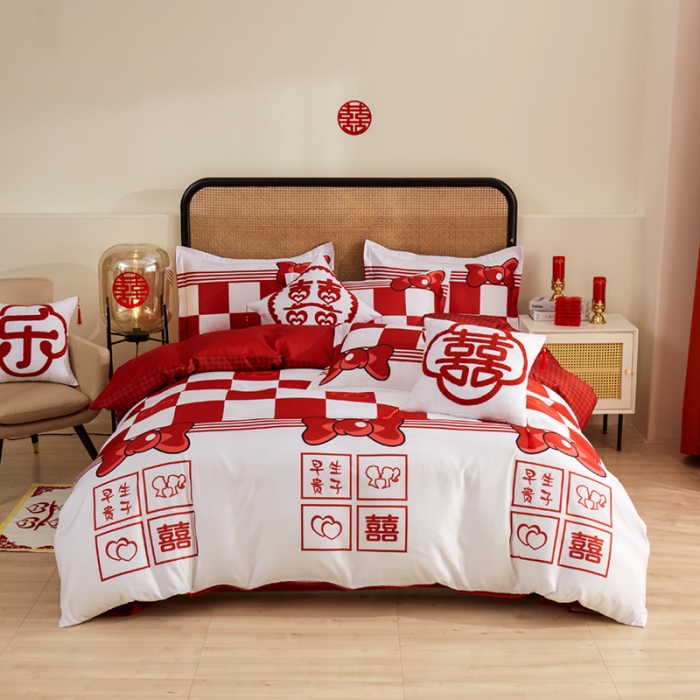 91家纺网 家纺一手货源 找家纺 啊雅家居 2025新款大红婚庆数码印花床单款床笠款四件套 相爱格