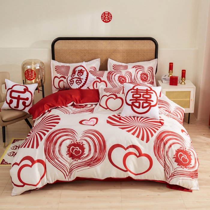 91家纺网 家纺一手货源 找家纺 啊雅家居 2025新款大红婚庆数码印花床单款床笠款四件套 心爱