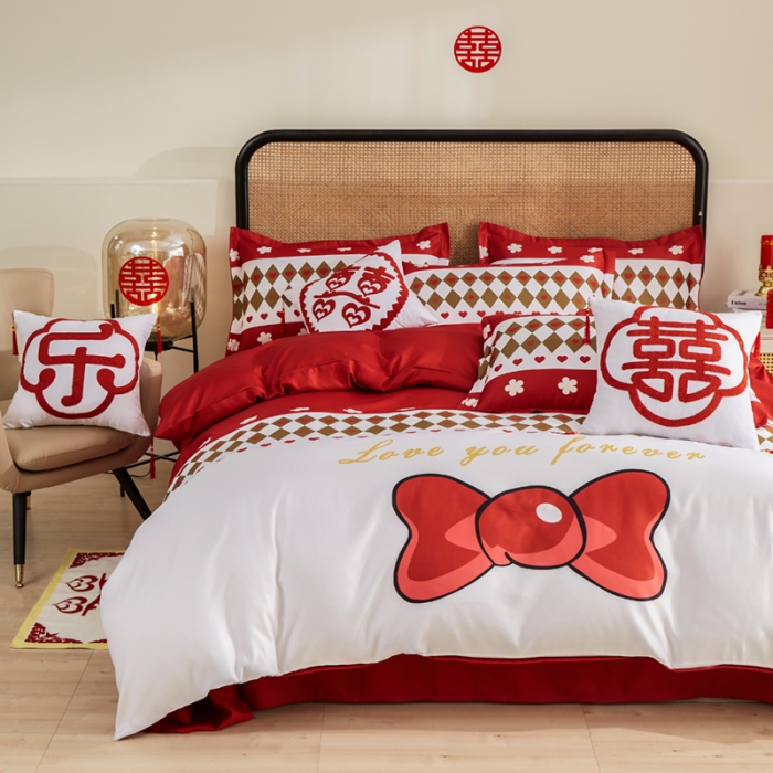 91家纺网 家纺一手货源 找家纺 啊雅家居 2025新款大红婚庆数码印花床单款床笠款四件套 永结同心