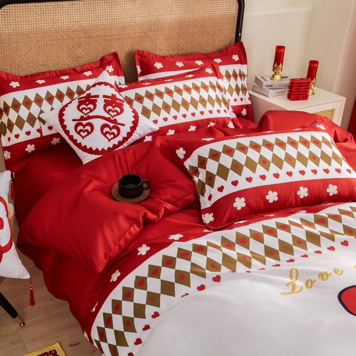 91家纺网 家纺一手货源 找家纺 啊雅家居 2025新款大红婚庆数码印花床单款床笠款四件套 永结同心