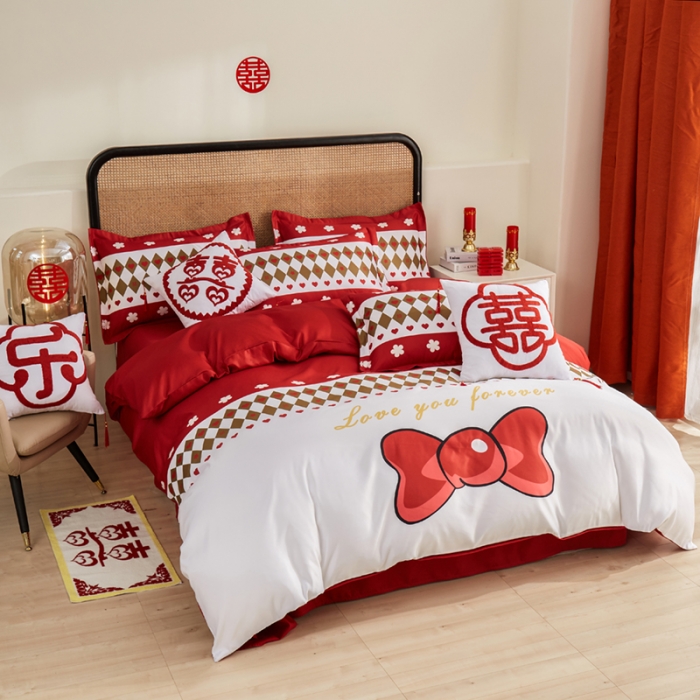 91家纺网 家纺一手货源 找家纺 啊雅家居 2025新款大红婚庆数码印花床单款床笠款四件套 永结同心
