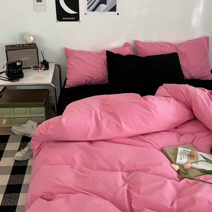 91家纺网 家纺一手货源 找家纺 艾沁 新款32支全棉水洗棉混搭四件套 蔷薇粉+黑