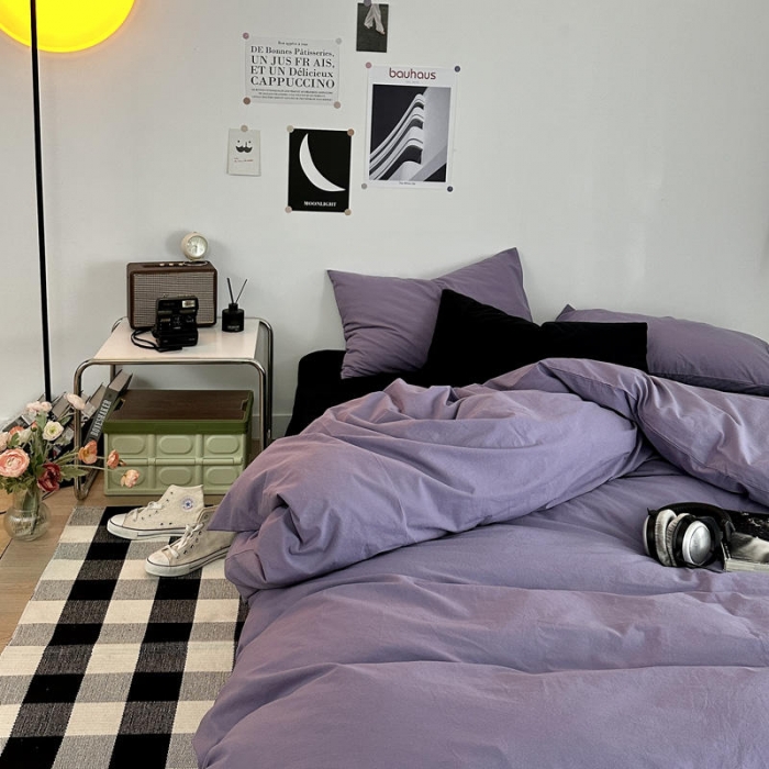 91家纺网 家纺一手货源 找家纺 艾沁 新款32支加密全棉水洗棉混搭四件套 暗紫+黑