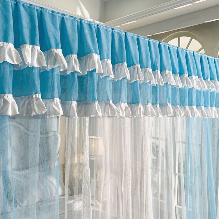 91家纺网 家纺一手货源 找家纺 迪凡保罗 2023新款防尘顶双层纱落地宫廷蚊帐 孔雀蓝