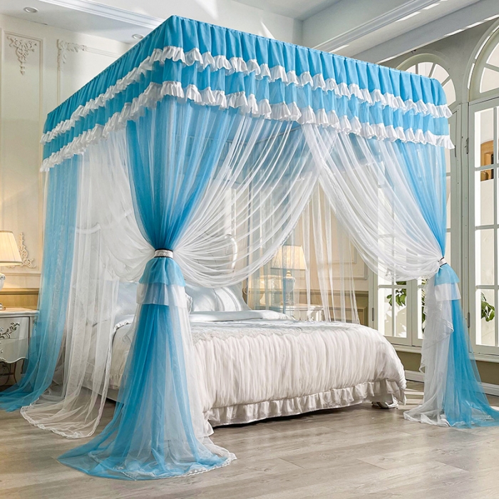 91家纺网 家纺一手货源 找家纺 迪凡保罗 2023新款防尘顶双层纱落地宫廷蚊帐 孔雀蓝