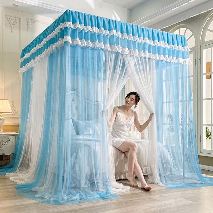91家纺网 家纺一手货源 找家纺 迪凡保罗 2023新款防尘顶双层纱落地宫廷蚊帐 孔雀蓝