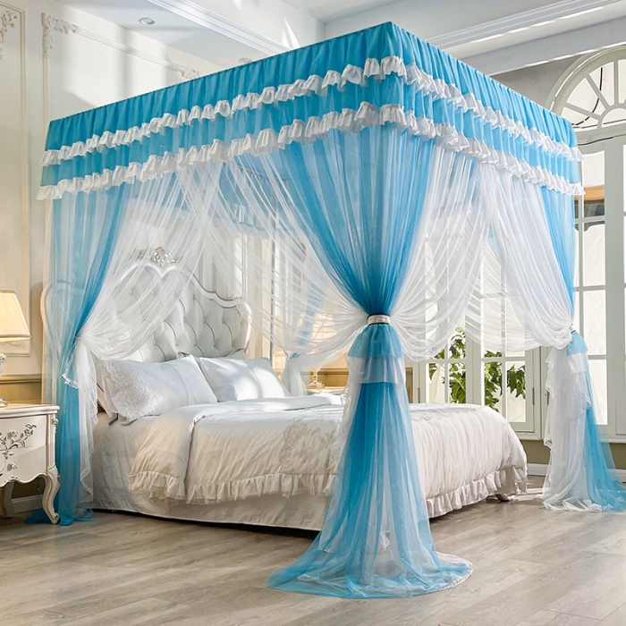 91家纺网 家纺一手货源 找家纺 迪凡保罗 2023新款防尘顶双层纱落地宫廷蚊帐 孔雀蓝