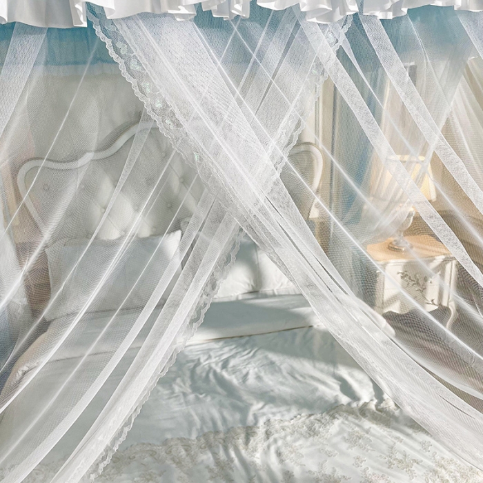 91家纺网 家纺一手货源 找家纺 迪凡保罗 2023新款防尘顶双层纱落地宫廷蚊帐 孔雀蓝