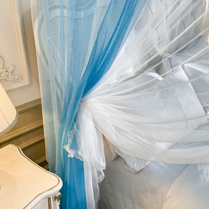 91家纺网 家纺一手货源 找家纺 迪凡保罗 2023新款防尘顶双层纱落地宫廷蚊帐 孔雀蓝