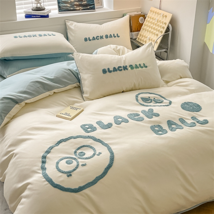 91家纺网 家纺一手货源 找家纺 眠帛家纺 2023新款水洗棉毛巾绣四件套煤球系列 煤球繁星蓝