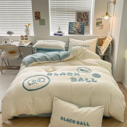 眠帛家纺 2023新款水洗棉毛巾绣四件套煤球系列 煤球繁星蓝