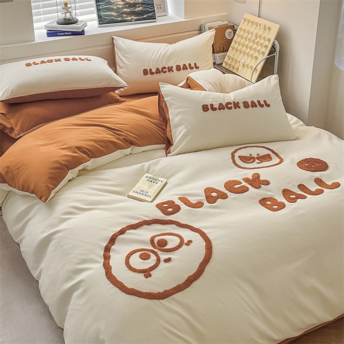 91家纺网 家纺一手货源 找家纺 眠帛家纺 2023新款水洗棉毛巾绣四件套煤球系列 煤球焦糖