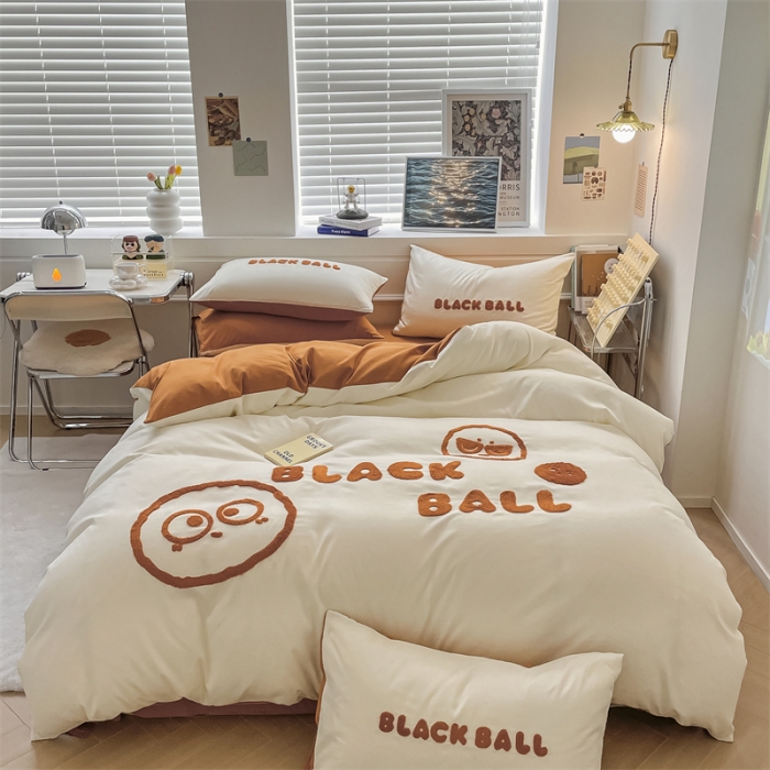 91家纺网 家纺一手货源 找家纺 眠帛家纺 2023新款水洗棉毛巾绣四件套煤球系列 煤球焦糖