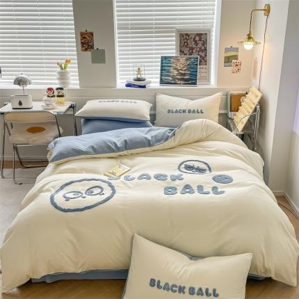 眠帛家纺 2023新款水洗棉毛巾绣四件套煤球系列 煤球蓝灰