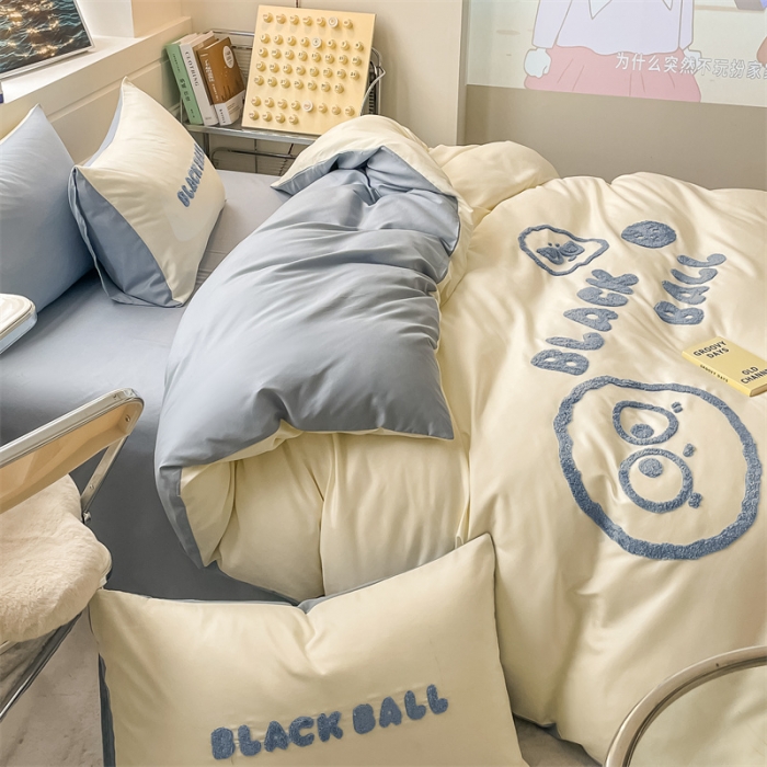 91家纺网 家纺一手货源 找家纺 眠帛家纺 2023新款水洗棉毛巾绣四件套煤球系列 煤球蓝灰