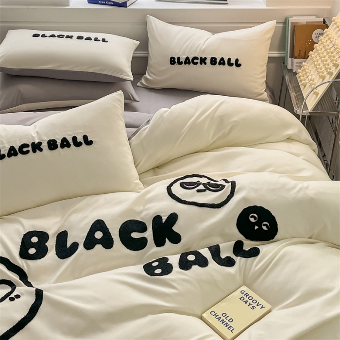 91家纺网 家纺一手货源 找家纺 眠帛家纺 2023新款水洗棉毛巾绣四件套煤球系列 煤球浅灰