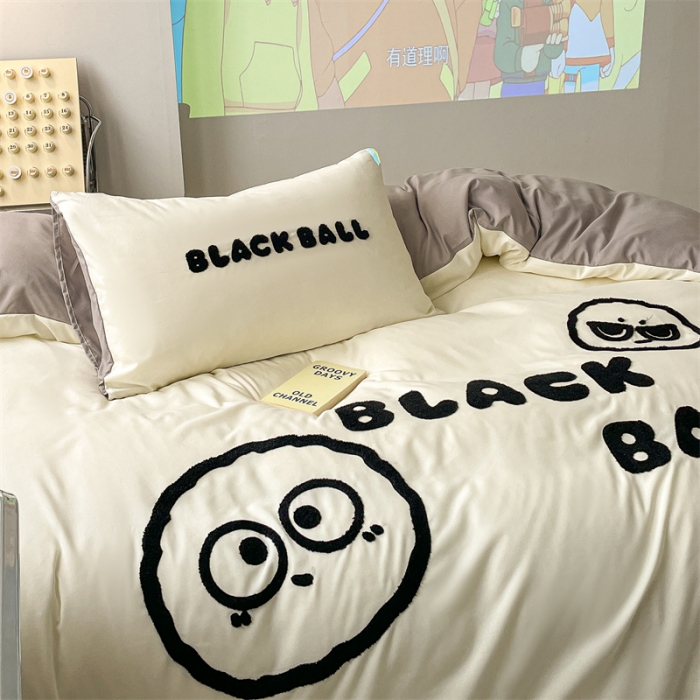 91家纺网 家纺一手货源 找家纺 眠帛家纺 2023新款水洗棉毛巾绣四件套煤球系列 煤球浅灰