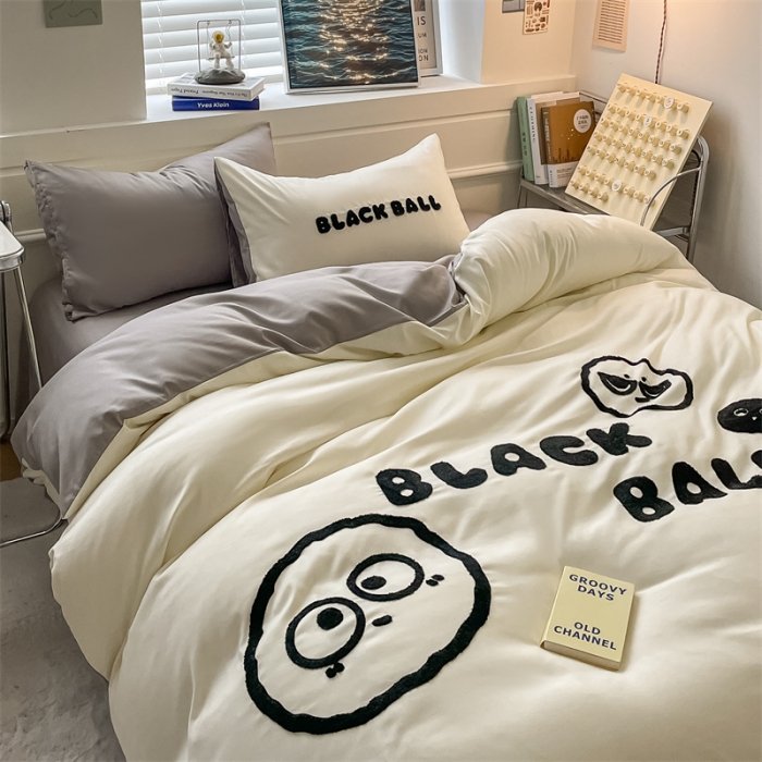 91家纺网 家纺一手货源 找家纺 眠帛家纺 2023新款水洗棉毛巾绣四件套煤球系列 煤球浅灰