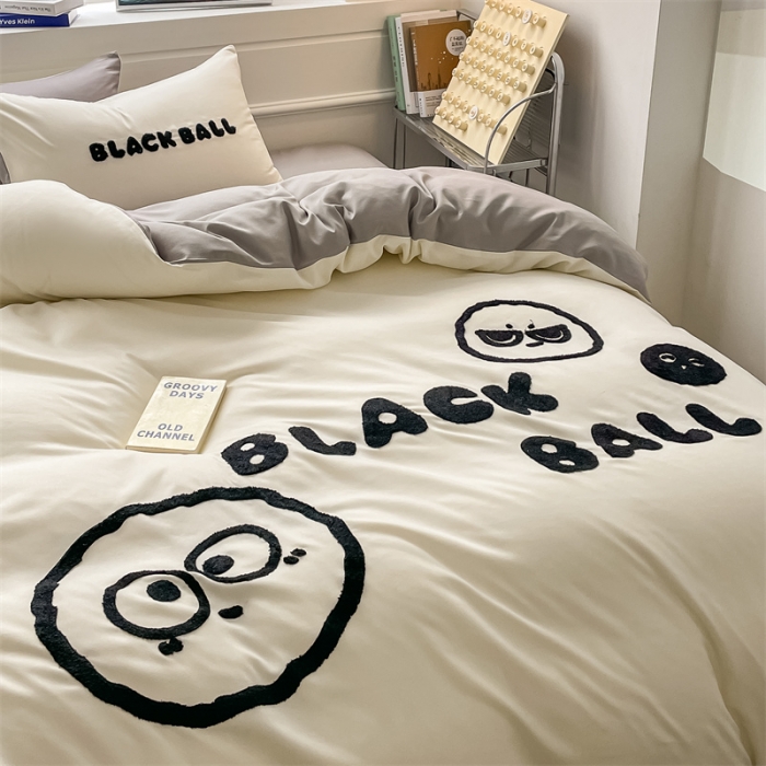 91家纺网 家纺一手货源 找家纺 眠帛家纺 2023新款水洗棉毛巾绣四件套煤球系列 煤球浅灰