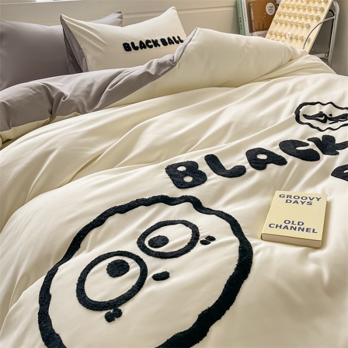 91家纺网 家纺一手货源 找家纺 眠帛家纺 2023新款水洗棉毛巾绣四件套煤球系列 煤球浅灰