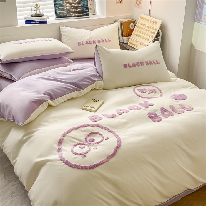 91家纺网 家纺一手货源 找家纺 眠帛家纺 2023新款水洗棉毛巾绣四件套煤球系列 煤球浅紫