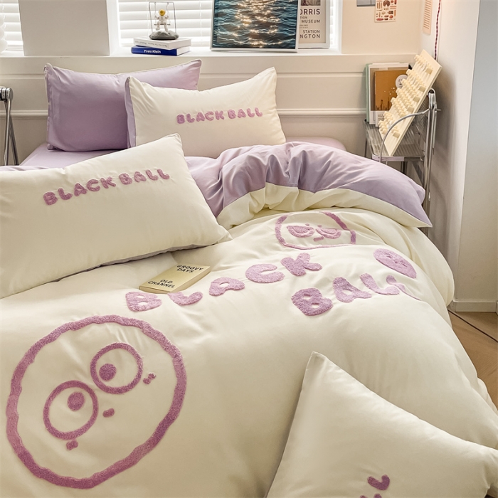 91家纺网 家纺一手货源 找家纺 眠帛家纺 2023新款水洗棉毛巾绣四件套煤球系列 煤球浅紫