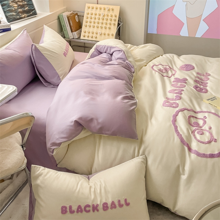 91家纺网 家纺一手货源 找家纺 眠帛家纺 2023新款水洗棉毛巾绣四件套煤球系列 煤球浅紫