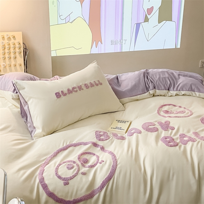91家纺网 家纺一手货源 找家纺 眠帛家纺 2023新款水洗棉毛巾绣四件套煤球系列 煤球浅紫