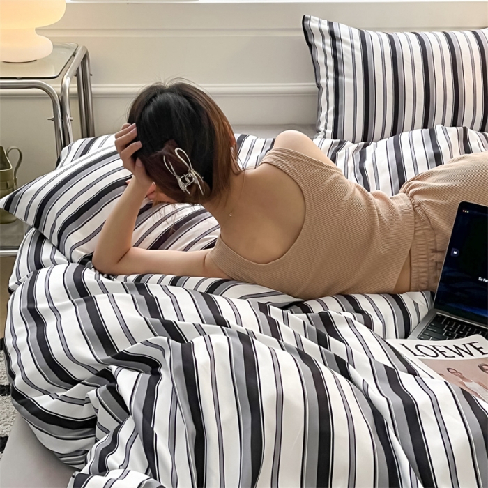 91家纺网 家纺一手货源 找家纺 （总）眠帛家纺 2023新款极简色织水洗棉印花四件套