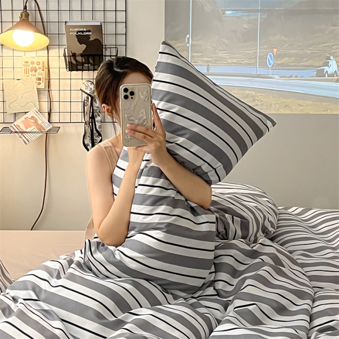 91家纺网 家纺一手货源 找家纺 眠帛家纺 2023新款极简色织水洗棉印花四件套 夏日灰