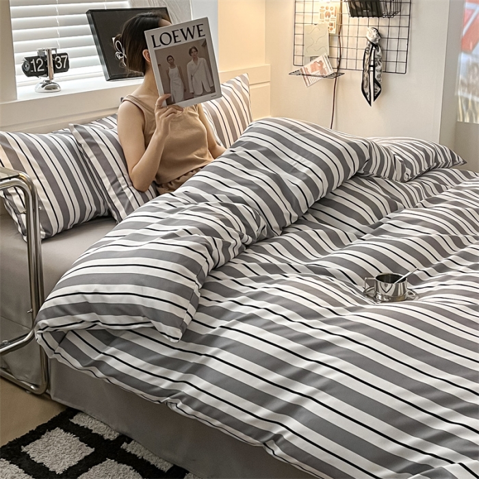 91家纺网 家纺一手货源 找家纺 眠帛家纺 2023新款极简色织水洗棉印花四件套 夏日灰