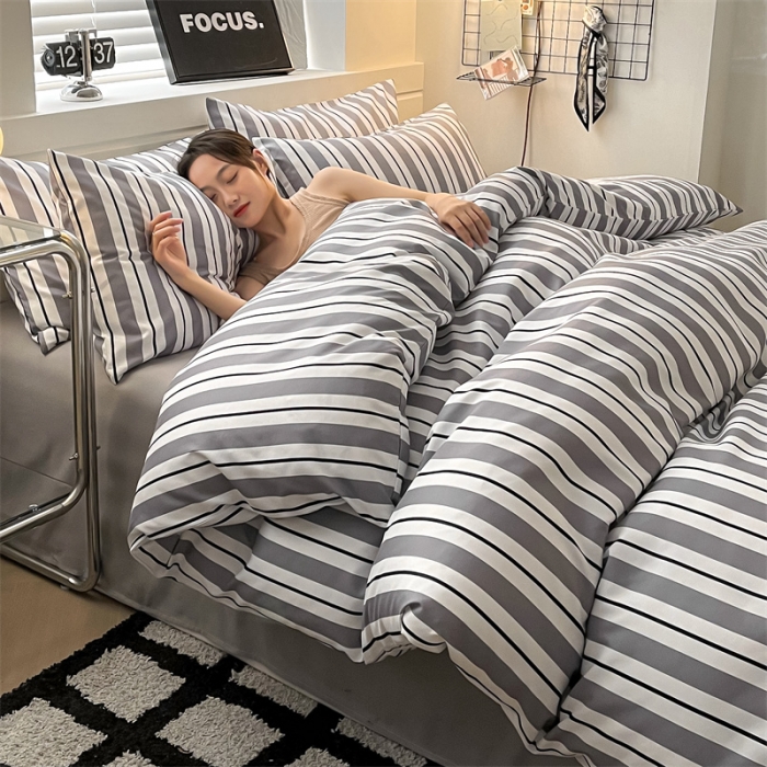 91家纺网 家纺一手货源 找家纺 眠帛家纺 2023新款极简色织水洗棉印花四件套 夏日灰