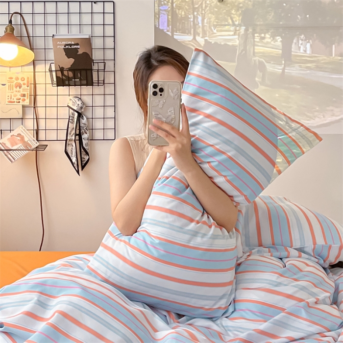 91家纺网 家纺一手货源 找家纺 眠帛家纺 2023新款极简色织水洗棉印花四件套 夏日兰