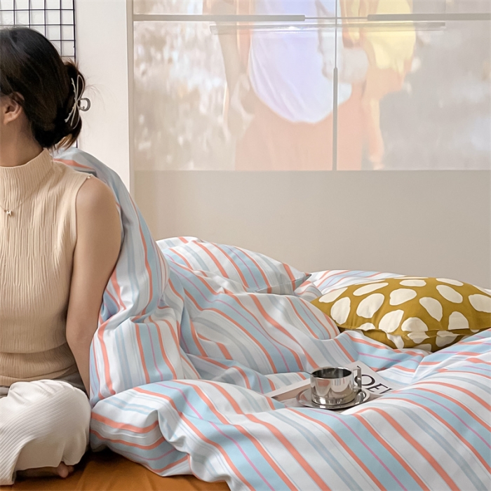 91家纺网 家纺一手货源 找家纺 眠帛家纺 2023新款极简色织水洗棉印花四件套 夏日兰