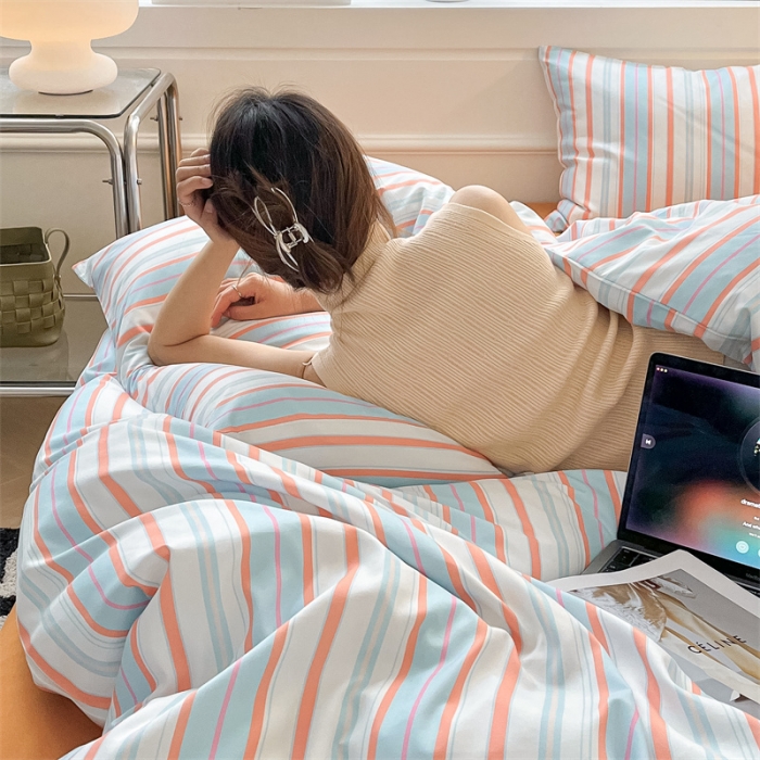 91家纺网 家纺一手货源 找家纺 眠帛家纺 2023新款极简色织水洗棉印花四件套 夏日兰