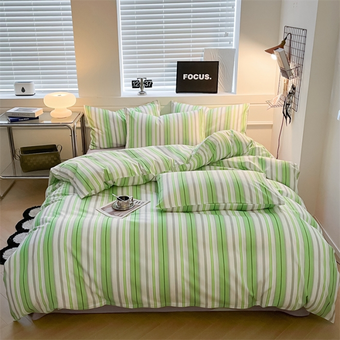 91家纺网 家纺一手货源 找家纺 眠帛家纺 2023新款极简色织水洗棉印花四件套 夏日绿