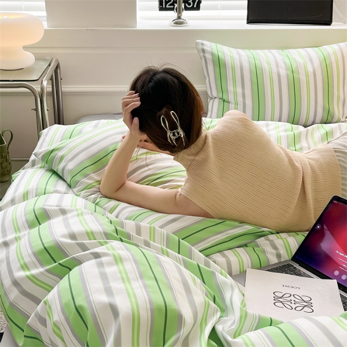 91家纺网 家纺一手货源 找家纺 眠帛家纺 2023新款极简色织水洗棉印花四件套 夏日绿